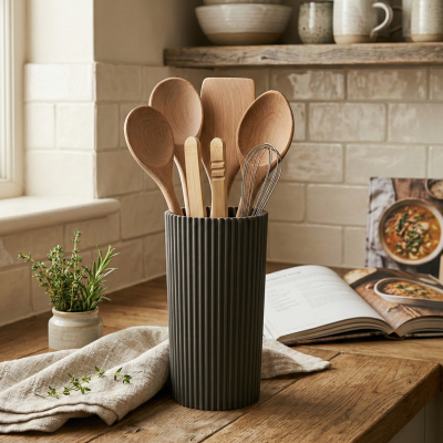 Utensílios de cozinha em madeira e metal num recipiente preto sobre bancada de madeira com ervas e livro de receitas