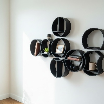 Prateleiras modulares pretas de formas circulares montadas na parede com livros, planta e objetos decorativos