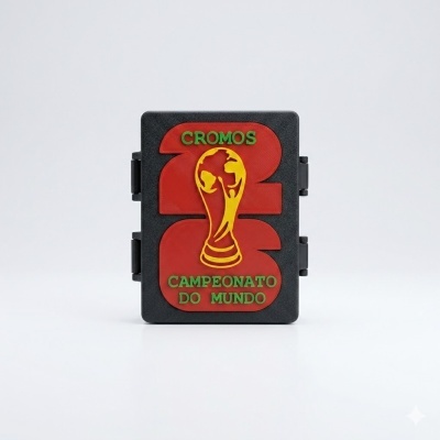 Estojo preto com relevo colorido da Taça do Mundo e texto sobre cromos de futebol