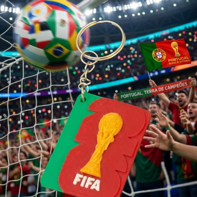 Porta-chaves de plástico com a taça do mundo FIFA pendurado numa rede de baliza num estádio de futebol