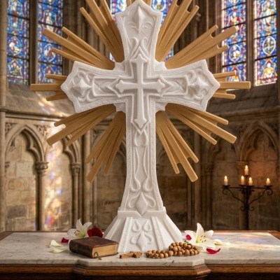 Cruz decorativa branca e dourada com altar e elementos religiosos em igreja