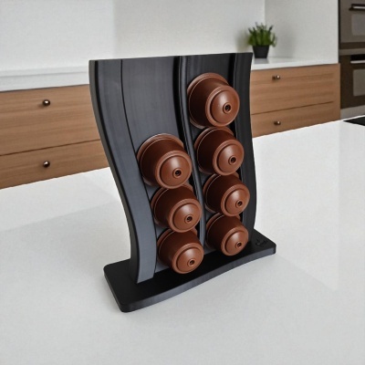 Suporte de cápsulas de café preto com cápsulas castanhas numa cozinha moderna.