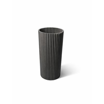 Vaso cinza escuro cilíndrico com textura canelada verticalmente