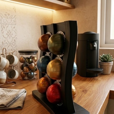 Suporte preto em madeira com cápsulas de café coloridas metálicas numa bancada de cozinha com máquina de café e acessórios.