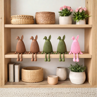 Estante com figuras decorativas em forma de coelho e vasos com plantas