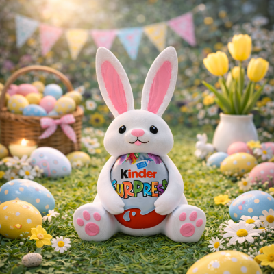 Coelho de peluche branco a segurar ovo Kinder Surpresa em cenário de Páscoa