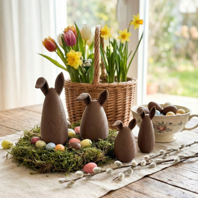 Decoração de Páscoa com coelhos de chocolate, ovos coloridos, musgo, flores em cesto e ramo de salgueiro sobre mesa de madeira.