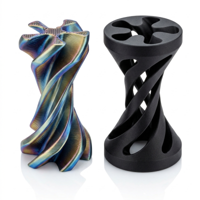 Dois objetos escultóricos helicoidais, um metálico iridescente e outro preto fosco, com design moderno e linhas curvas entrelaçadas.