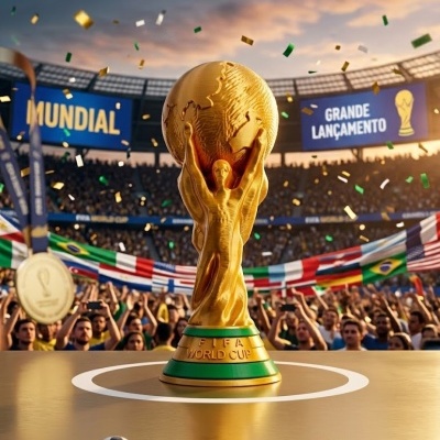 Troféu FIFA World Cup dourado em estádio de futebol com bola pequena e apito dourado sobre mesa