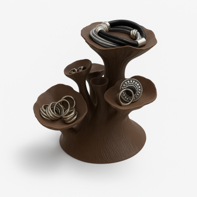 Suporte castanho para joias com anéis e pulseira em fundo branco