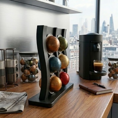 Suporte em madeira preta para cápsulas de café coloridas e máquina de café preta numa bancada de madeira clara