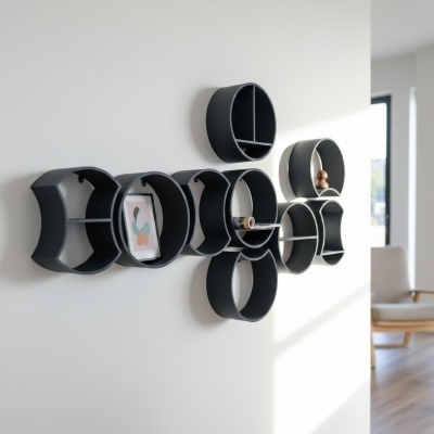Conjunto modular de prateleiras de parede pretas em formas circulares e curvas