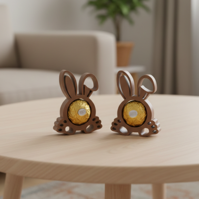 Suportes de madeira em forma de coelho com bombons dourados numa mesa de madeira clara