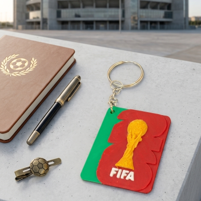 Chaveiro FIFA colorido, caneta preta e dourada, clipe com bola de futebol, caderno castanho com bola dourada, sobre pedra, estádio ao fundo