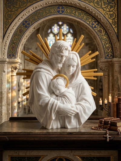 Escultura branca de família sagrada com detalhes dourados, velas acesas, livros e terço num altar de igreja