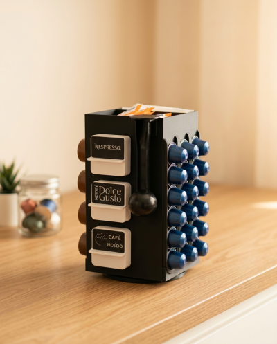 Organizador de cápsulas de café preto com cápsulas azuis em suporte metálico contra parede clara