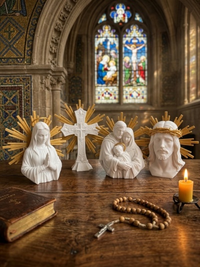 Estátuas religiosas brancas com detalhes dourados sobre mesa de madeira numa igreja com vitral
