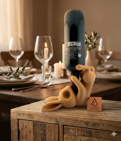 Suporte de garrafa de vinho em forma de coelho de madeira com garrafa ao contrário sobre móvel rústico.