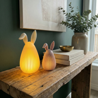 Candeeiros decorativos em forma de coelho sobre mesa de madeira com livros e vaso