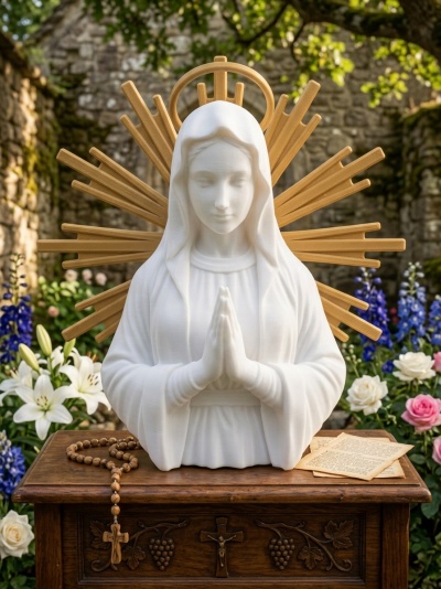 Busto branco de figura religiosa feminina com auréola dourada em móvel de madeira entalhada com rosário e papéis, jardim ao fundo