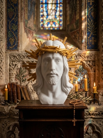 Busto de Jesus Cristo branco com coroa de espinhos dourada e raios, colocado sobre um móvel de madeira escura em ambiente decorado com vitral e velas