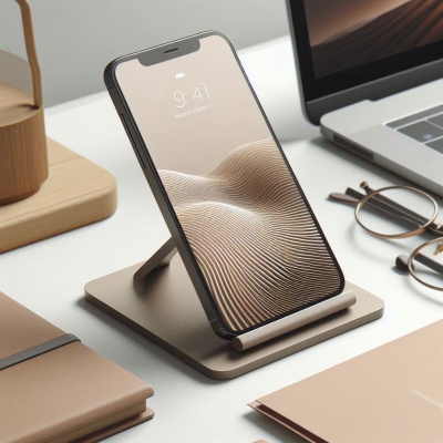 Smartphone em suporte metálico bege numa mesa com objetos de escritório