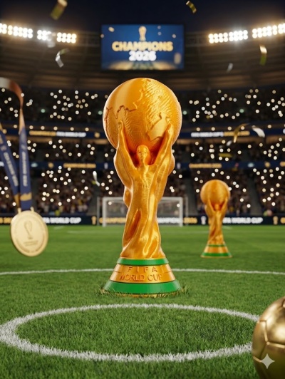Troféus dourados da FIFA World Cup num estádio de futebol com iluminação e placar CHAMPIONS 2026