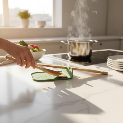 Suporte verde para utensílios de cozinha com duas colheres de madeira numa bancada branca em cozinha moderna.