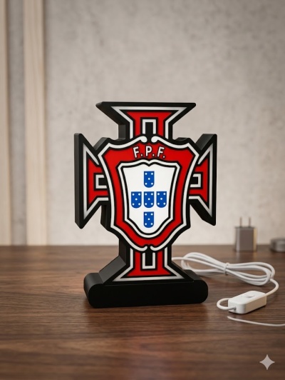 Luminária com símbolo da Federação Portuguesa de Futebol em forma de cruz com cabo elétrico branco.