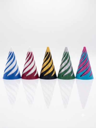 Cinco cones decorativos coloridos com espirais, em fundo branco