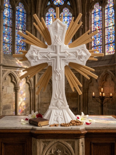 Cruz decorativa branca e dourada com altar e elementos religiosos em igreja