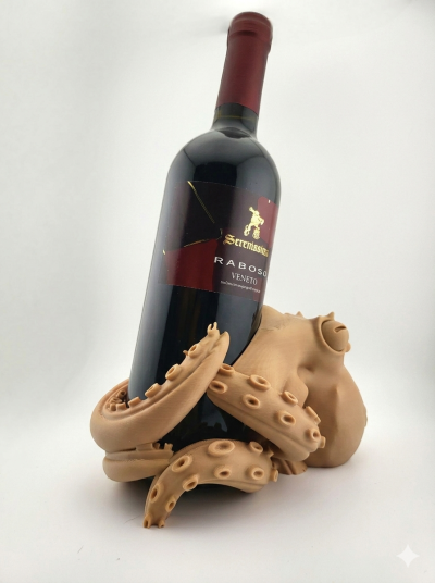 Garrafa de vinho Raboso Veneto com suporte em forma de tentáculos de polvo.