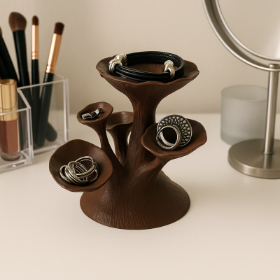 Suporte castanho para bijuterias em forma de árvore com anéis e pulseira preta junto a pincéis de maquilhagem e espelho.