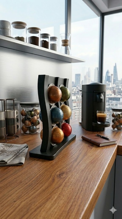 Suporte em madeira preta para cápsulas de café coloridas e máquina de café preta numa bancada de madeira clara