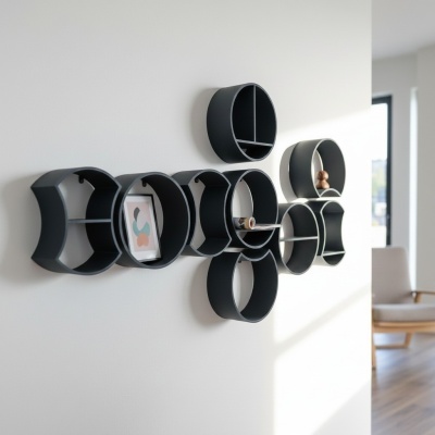 Conjunto modular de prateleiras de parede pretas em formas circulares e curvas