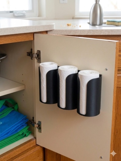 Organizador de sacos de plástico pretos montado em porta de armário com rolos de sacos brancos