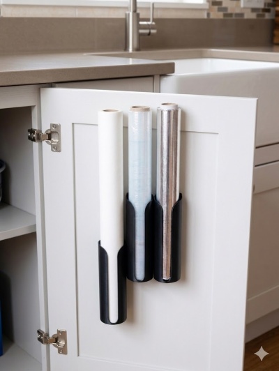 Suporte com três rolos de papel na porta de um armário de cozinha