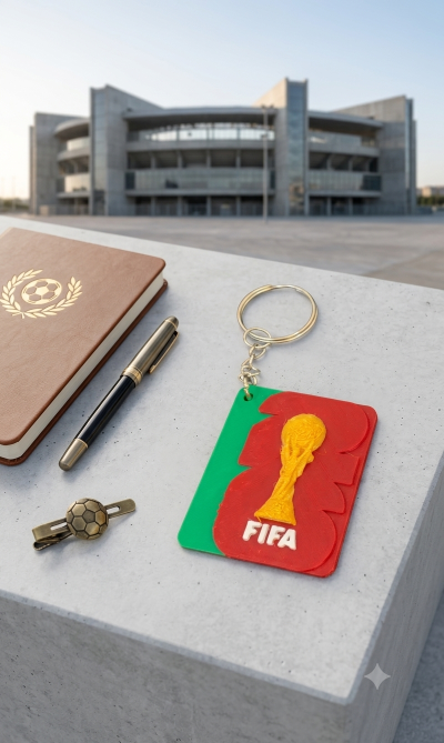 Chaveiro FIFA colorido, caneta preta e dourada, clipe com bola de futebol, caderno castanho com bola dourada, sobre pedra, estádio ao fundo