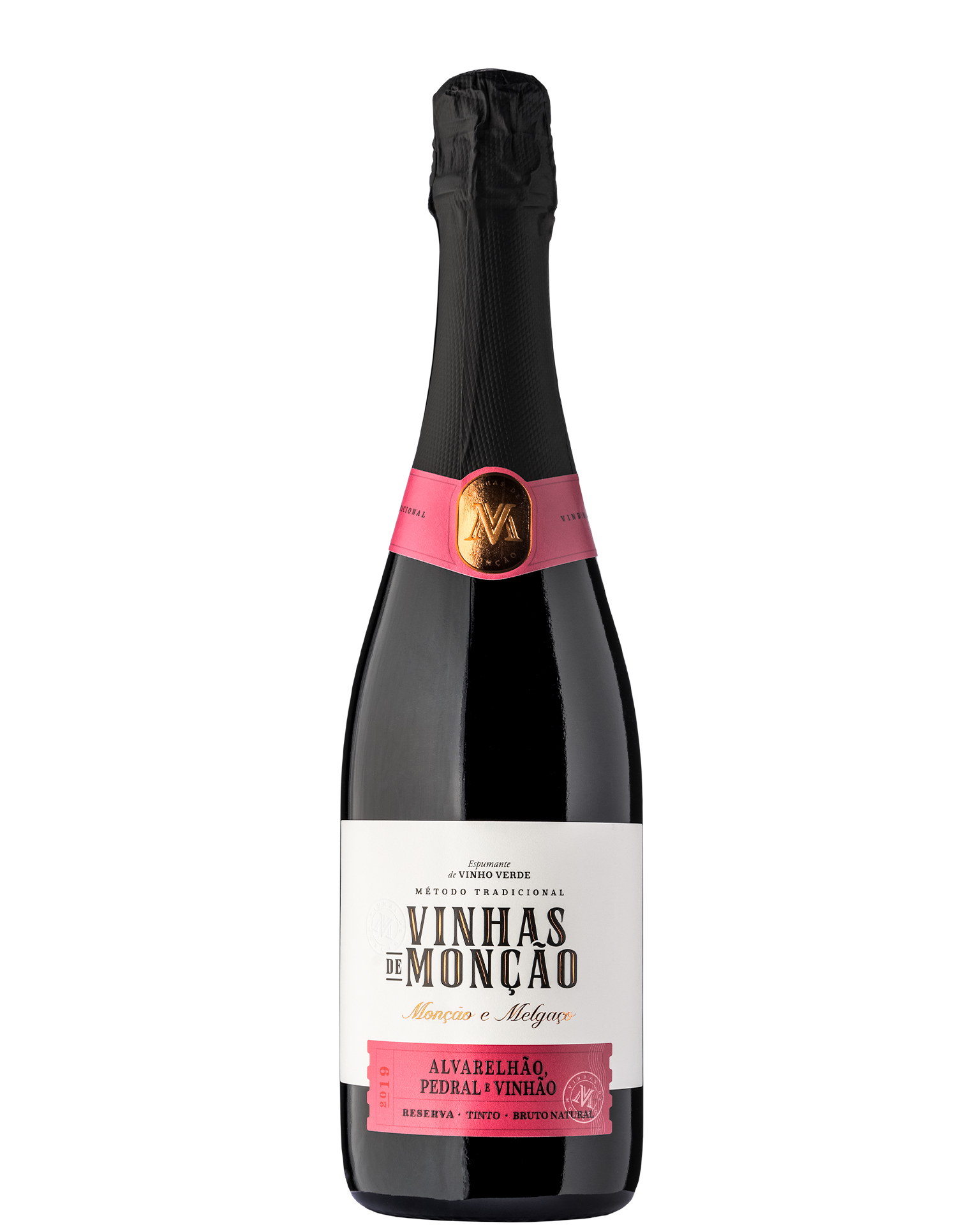 Espumante Vinhas de Monção Tinto Garrafas de vinho espumante com rótulo branco e rosa e tampa preta