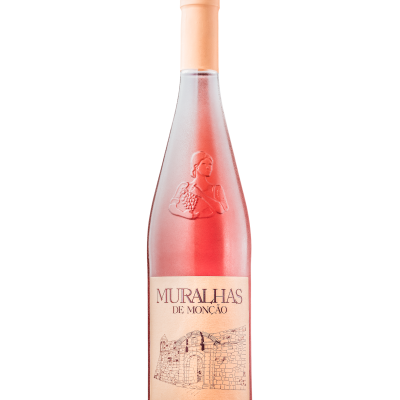 Garrafa de vinho rosé Muralhas de Monção com rótulo creme e tampa pêssego