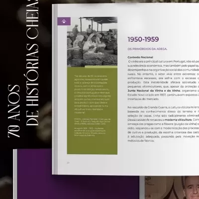 Página de livro sobre história do vinho com texto e foto antiga de mulheres a escolher uvas