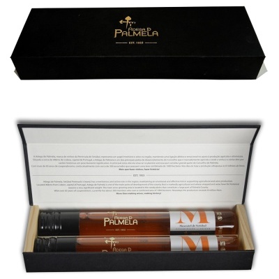 Caixa preta com dois tubos de ensaio de vidro com líquidos castanhos e etiquetas no interior.