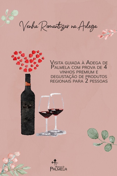 Cartaz com garrafa de vinho, duas taças e texto promocional para visita guiada na Adega de Palmela