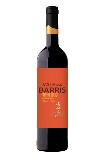Garrafa de vinho tinto Vale dos Barris com rótulo laranja e texto em preto e amarelo