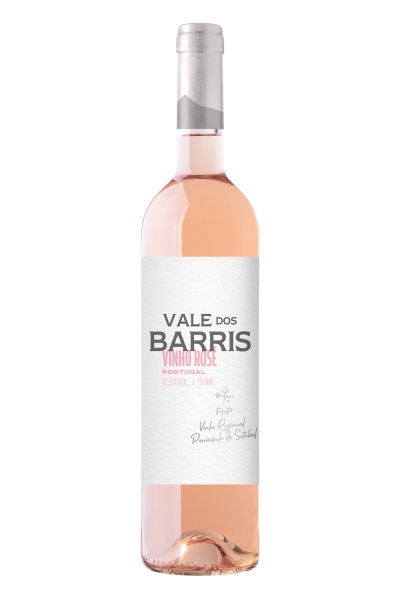 Garrafa de vinho rosé Vale dos Barris com rótulo branco e texto preto e rosa
