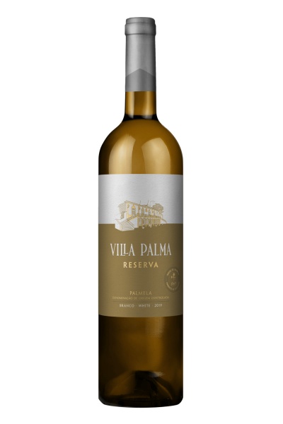 Garrafa de vinho branco Vila Palma Reserva com rótulo castanho e branco