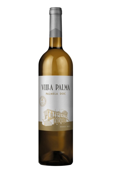 Garrafa de vinho branco Vila Palma com rótulo branco e ilustração dourada