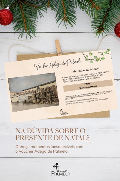 Voucher oferta Adega de Palmela com decoração natalícia, ramos de pinheiro e bolas vermelhas