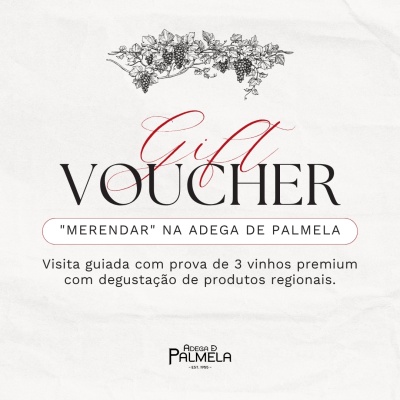 Voucher presente para a Adega de Palmela com desenho de uvas e texto descritivo