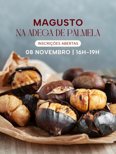 Castanhas assadas sobre papel castanho com texto promocional